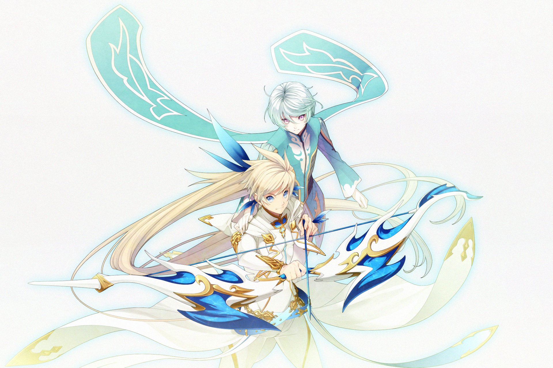 HD PC desktop wallpaper of Sorey and Mikleo from the anime Tales of Zestiria the X — airy white-and-blue artwork with Sorey in front and Mikleo floating behind.