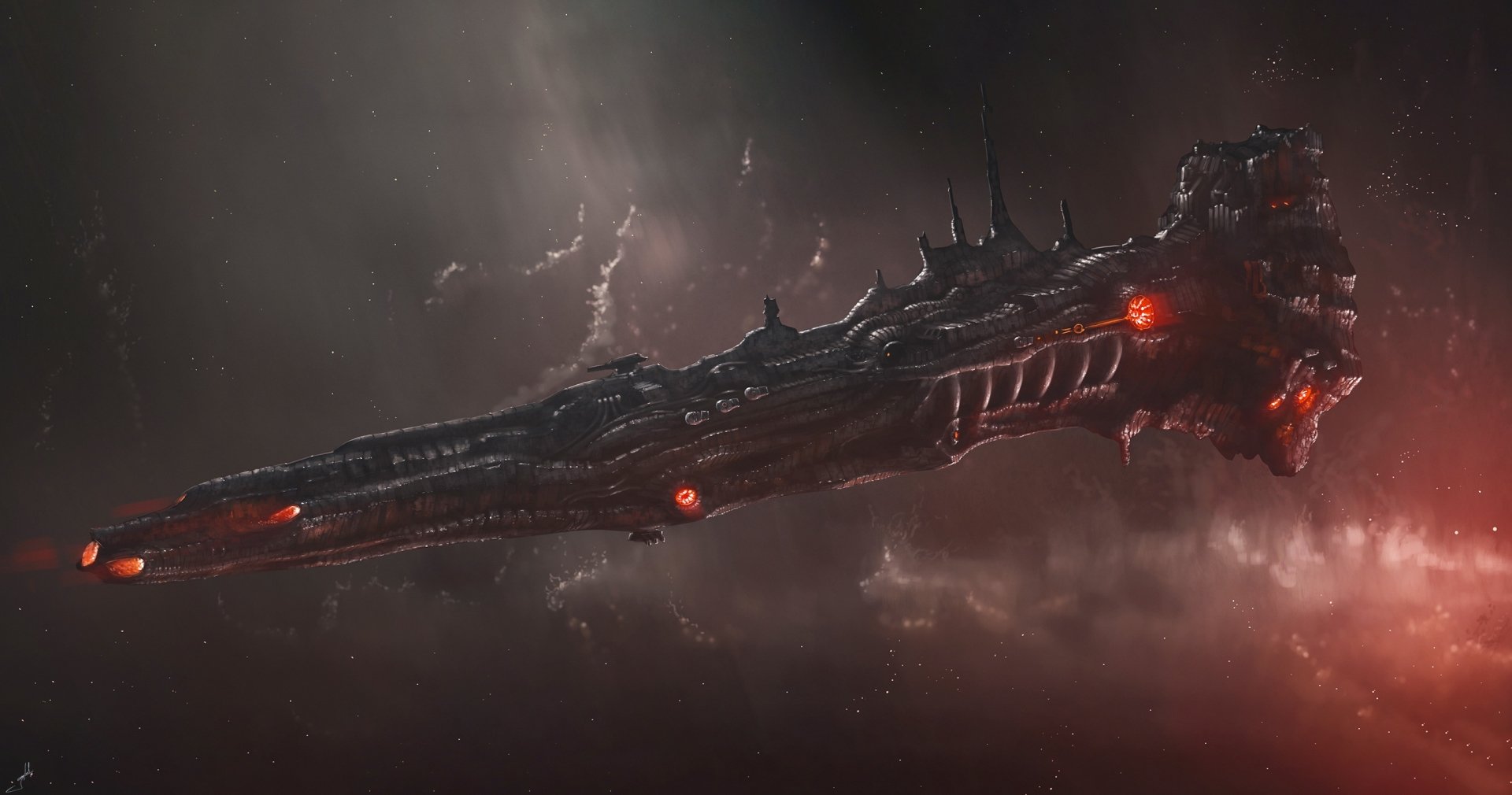 Nightfall Dreadnought — Sci‑Fi HD Spaceship Wallpaper by Dmitrii Ustinov