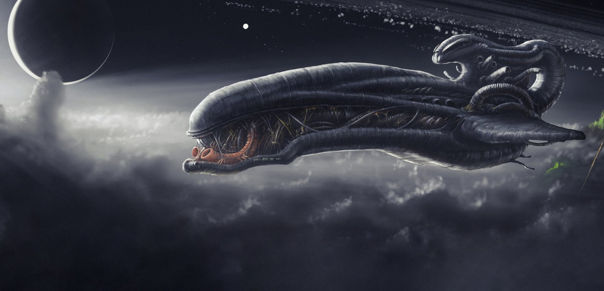 HD Sci-Fi desktop wallpaper featuring a massive, organic spaceship resembling a cosmic creature gliding through space above swirling clouds and distant stars.