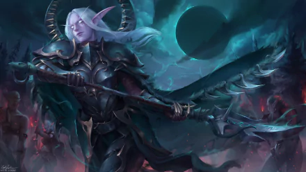 Fantasy HD desktop wallpaper of a white-haired elf woman warrior wearing dark armor, wielding a large weapon under a stormy, moonlit sky, showcasing pointed ears and fierce determination.