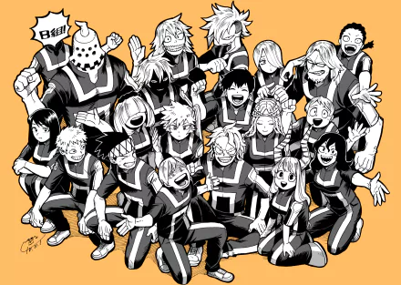 HD PC desktop wallpaper featuring a vibrant group portrait of My Hero Academia anime characters in dynamic poses on an orange background.