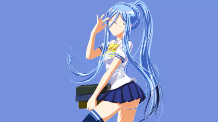 Takao (Arpeggio of Blue Steel) wearing glasses and a school uniform, long flowing blue hair, holding books against a solid blue backdrop — 4K Ultra HD anime PC desktop wallpaper