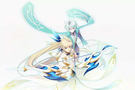 HD PC desktop wallpaper of Sorey and Mikleo from the anime Tales of Zestiria the X — airy white-and-blue artwork with Sorey in front and Mikleo floating behind.