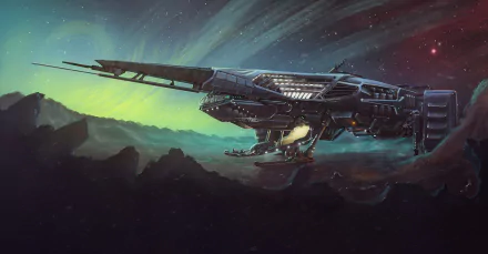 HD sci-fi desktop wallpaper featuring a detailed spaceship flying against a vibrant aurora-lit night sky over rugged terrain.