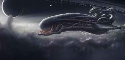 HD Sci-Fi desktop wallpaper featuring a massive, organic spaceship resembling a cosmic creature gliding through space above swirling clouds and distant stars.