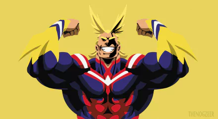 HD desktop wallpaper featuring All Might from My Hero Academia, a blonde anime superhero with a broad smile and clenched fists in a powerful pose.