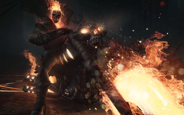 Comic Ghost Rider astride a flaming motorcycle with a skull engine and blazing chain, intense action captured as a 4K Ultra HD PC desktop wallpaper and background.