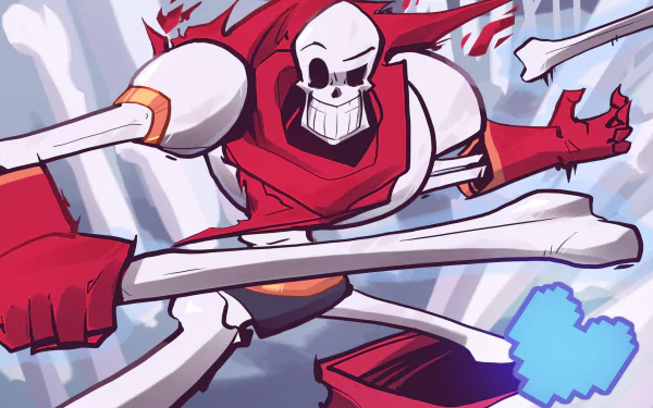 HD PC desktop wallpaper of Papyrus from the video game Undertale, featuring the character in dynamic action with bold colors and stylized design.