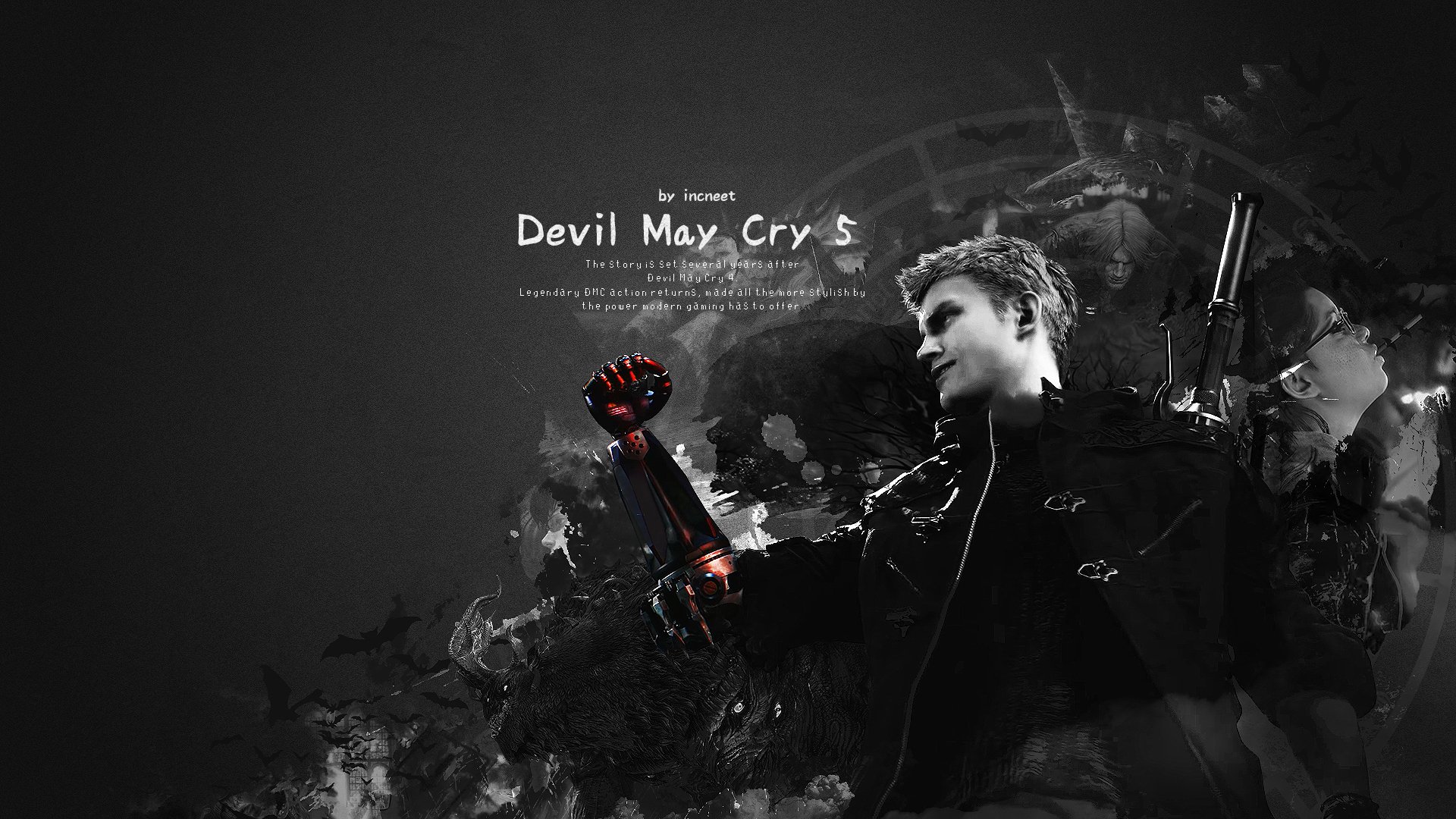 HD PC desktop wallpaper featuring Nero from the video game Devil May Cry 5, showcasing his red robotic arm against a dark, artistic background.