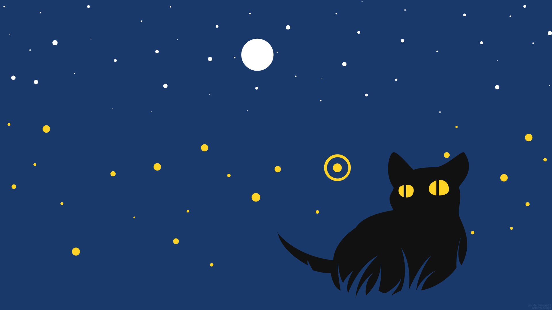 Artistic HD desktop wallpaper of a black cat with glowing yellow eyes sitting under a starry night sky with a full moon.