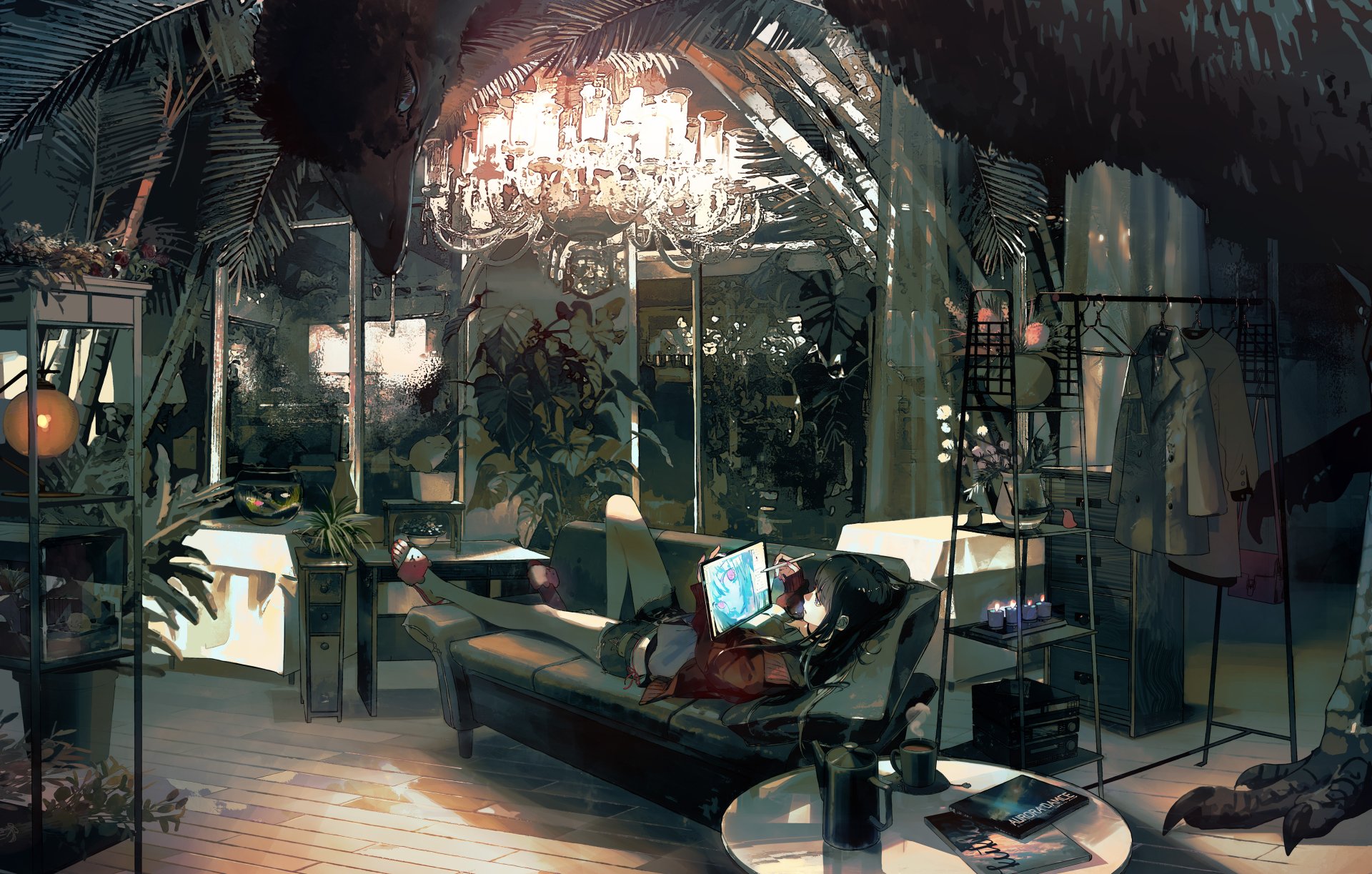 An anime-style room featuring a chandelier, plants, books, a bird, and a tablet. The room has black-haired, long-haired character, creating a cozy HD desktop wallpaper background.