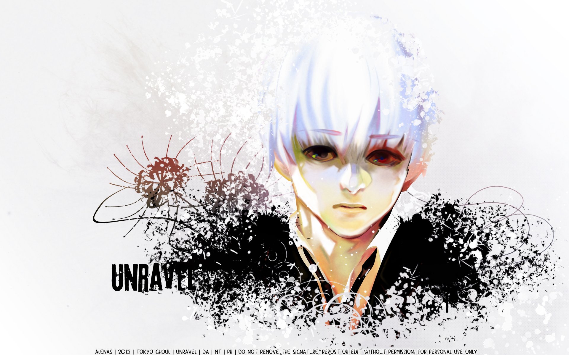 HD PC desktop wallpaper of Ken Kaneki (Tokyo Ghoul): pale white-haired figure with red eyes against black ink-splatter and floral accents on a bright background.