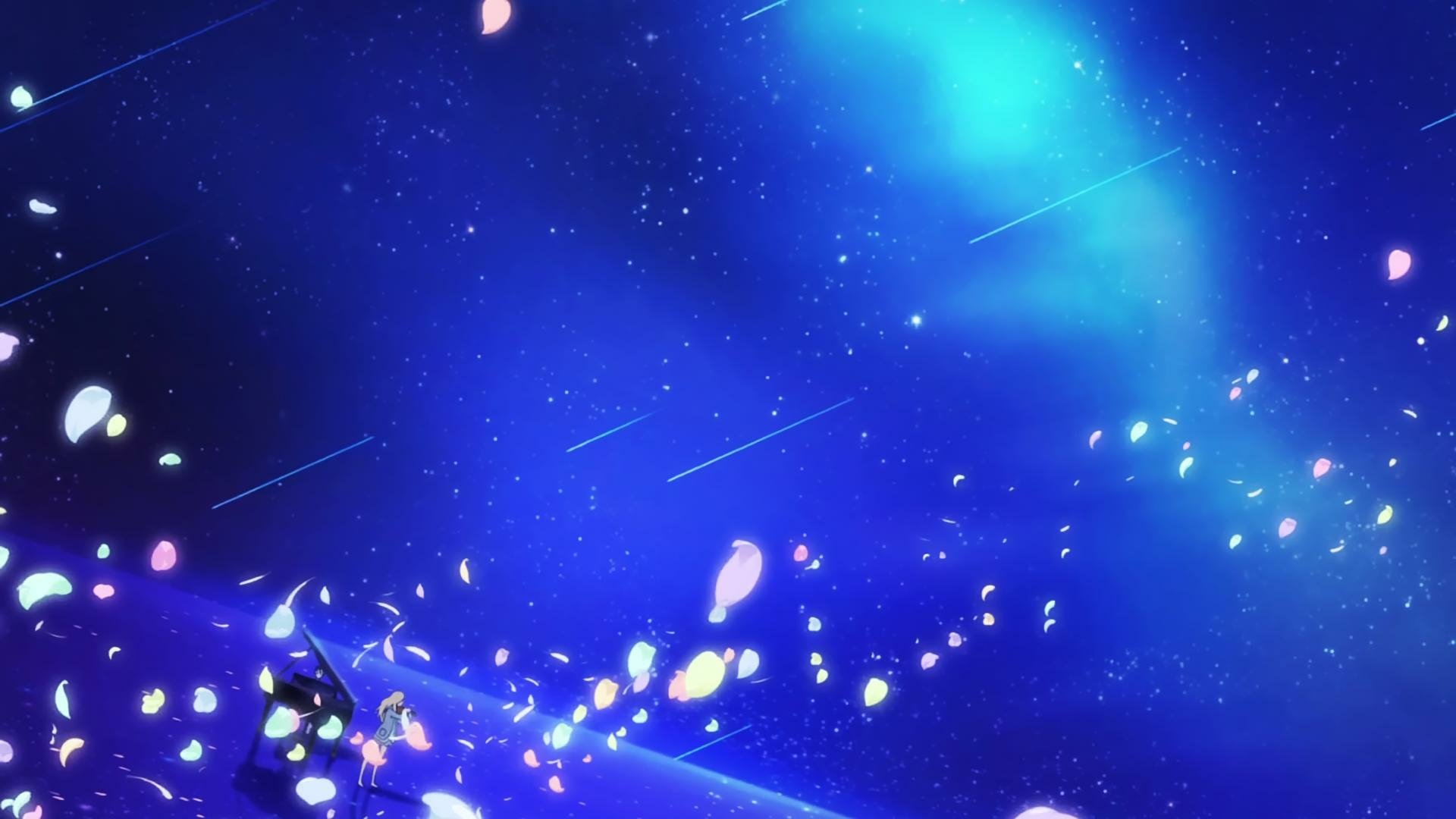 HD PC desktop wallpaper featuring a vibrant, starry blue night sky with glowing lights, inspired by the anime Your Lie in April.