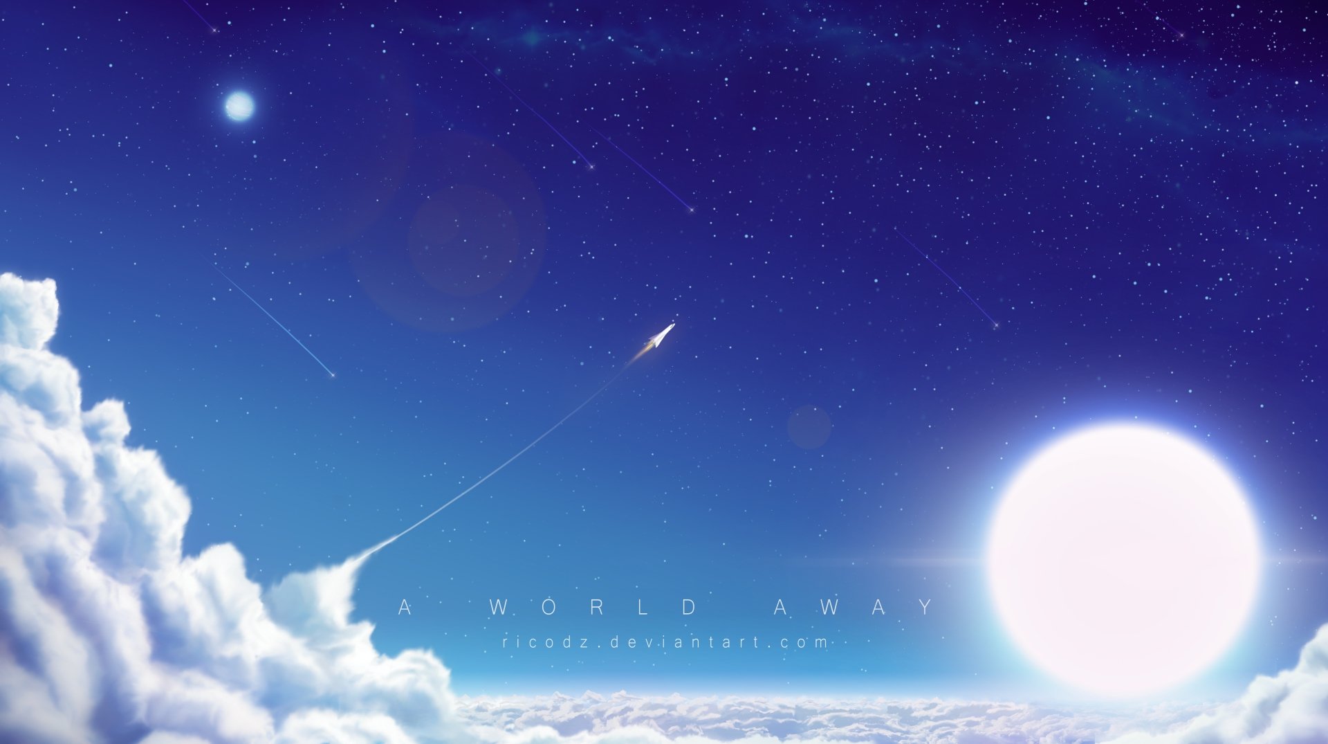 HD desktop wallpaper featuring an anime-style depiction of a vibrant celestial scene with stars, a bright sun, clouds, and a shooting star, titled A World Away.