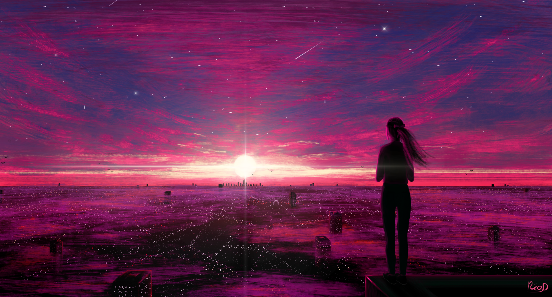 HD desktop wallpaper featuring an original anime artwork. The image depicts a silhouette of a person standing before a vibrant, purple-toned sunset sky, blending colors of pink, purple, and blue.