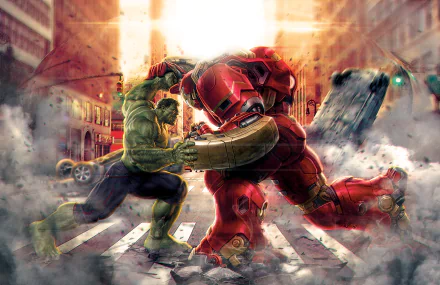A dynamic HD desktop wallpaper featuring Hulk and Iron Man in Hulkbuster armor clashing in a city street scene from the movie Avengers: Age of Ultron.