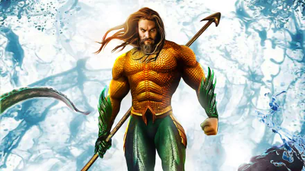 HD desktop wallpaper of Jason Momoa as DC Comics superhero Aquaman. Depicted with a beard, holding a trident, and clad in his iconic orange and green suit, standing against an oceanic background.