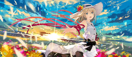 HD anime original desktop wallpaper depicting a girl in a white dress and hat with flowers, reaching out amid a vibrant sunset sky and flowing red ribbons.