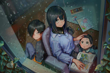 HD desktop wallpaper featuring Satsuki Asui, Samidare Asui, and Tsuyu Asui from My Hero Academia. The three are indoors during a rainy day, engaged in coloring and drawing together.