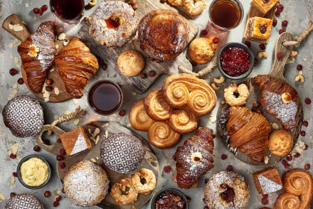 HD PC desktop wallpaper featuring an assortment of croissants and viennoiserie pastries, surrounded by baking ingredients and jars of jam on a rustic surface.