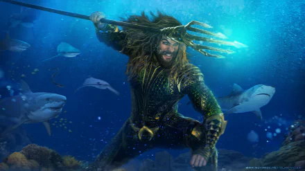 Aquaman from the movie in armored suit, wielding his trident amid sharks and glowing blue water — 2K Quad HD PC desktop wallpaper/background.