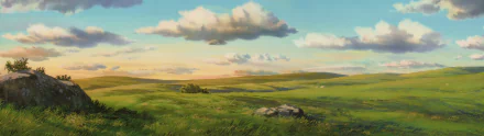 HD PC desktop wallpaper featuring a serene anime landscape from Tales From Earthsea, showcasing vast green fields under a blue sky with scattered clouds.