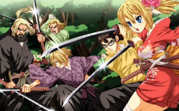 HD PC desktop wallpaper featuring Kohaku, Kinro, Ginro, Magma, and Kokuyo from the anime Dr. Stone in a dynamic forest battle scene.