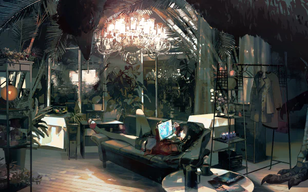 An anime-style room featuring a chandelier, plants, books, a bird, and a tablet. The room has black-haired, long-haired character, creating a cozy HD desktop wallpaper background.
