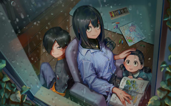 HD desktop wallpaper featuring Satsuki Asui, Samidare Asui, and Tsuyu Asui from My Hero Academia. The three are indoors during a rainy day, engaged in coloring and drawing together.