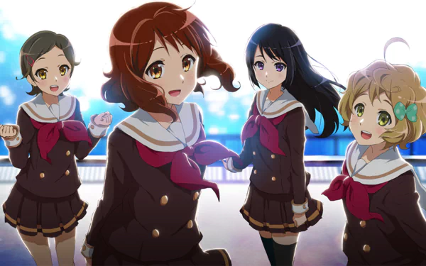 HD anime wallpaper featuring Reina Kousaka, Hazuki Katou, and Kumiko Oumae from Sound! Euphonium in school uniforms with a bright blue sky background.