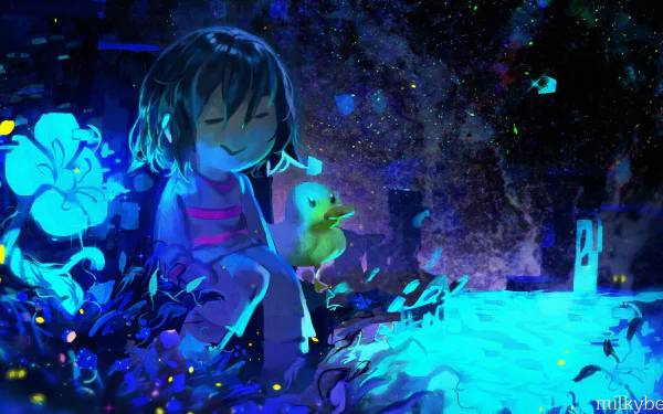 HD PC desktop wallpaper featuring Frisk from the video game Undertale, sitting peacefully beside a glowing body of water with a small yellow bird and vibrant blue flowers.