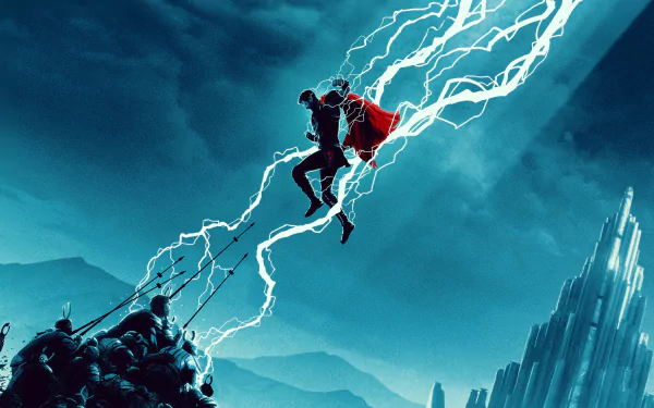 HD desktop wallpaper featuring Thor: Ragnarok, depicting Thor wielding lightning in a dramatic scene with mountains and structures in the background.
