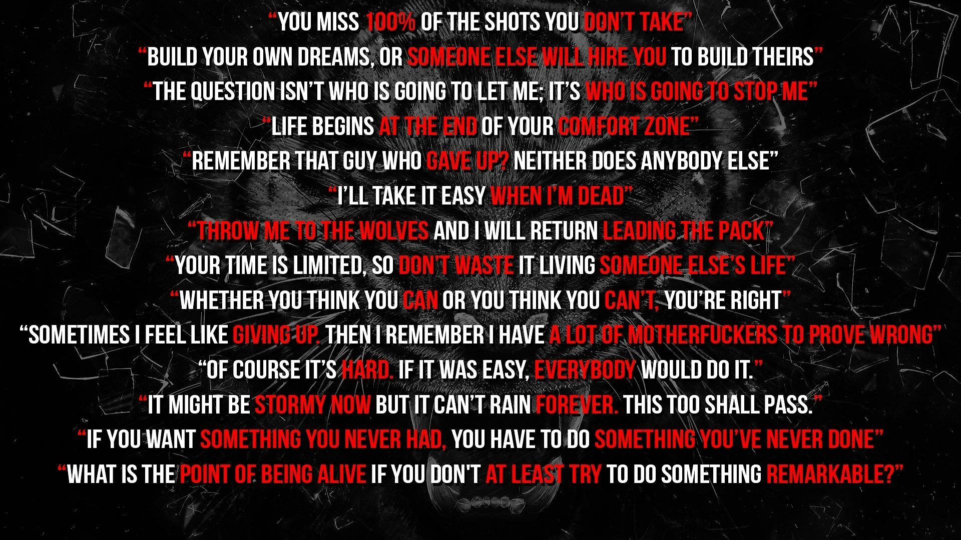 HD motivational desktop wallpaper featuring bold red and white text urging action, resilience, and pursuing dreams beyond comfort zones and challenges.