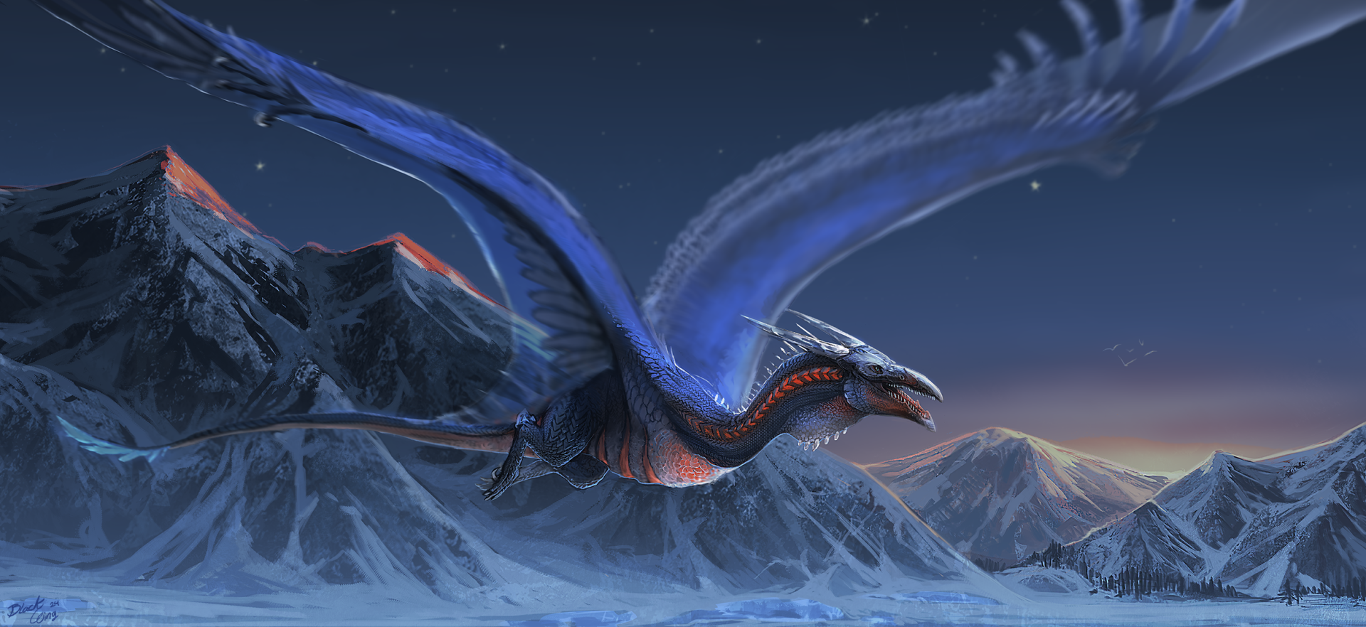 HD fantasy PC desktop wallpaper featuring a majestic dragon soaring over snowy mountains under a twilight sky.