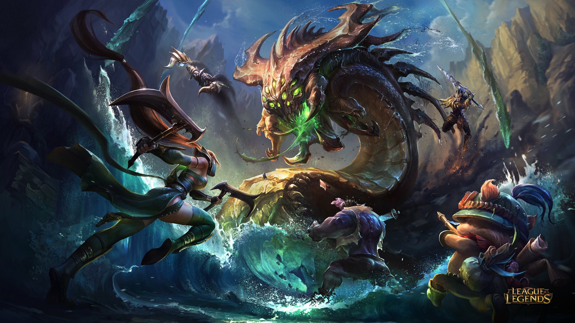 HD PC desktop wallpaper featuring Teemo, Nocturne, Jayce, Dr. Mundo, and Akali from League of Legends in an intense battle scene.
