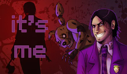 HD PC desktop wallpaper: Purple Man in a purple suit smirking beside Springtrap and a shadowy silhouette, red background stamped with it's me — Five Nights at Freddy's 3 video game art.