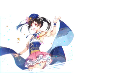 HD PC desktop wallpaper of Nico Yazawa from Love Live! (anime) in a frilly idol outfit, winking and posing with a flowing blue ribbon against a clean white background.