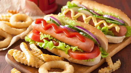 HD PC desktop wallpaper featuring close-up of two hot dogs with mustard, ketchup, lettuce, tomato, and onion, accompanied by crispy crinkle-cut fries and onion rings.