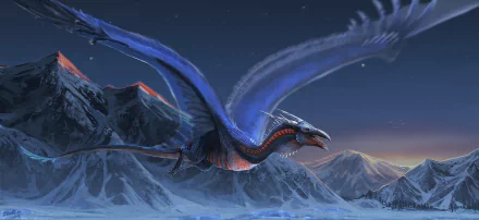 HD fantasy PC desktop wallpaper featuring a majestic dragon soaring over snowy mountains under a twilight sky.