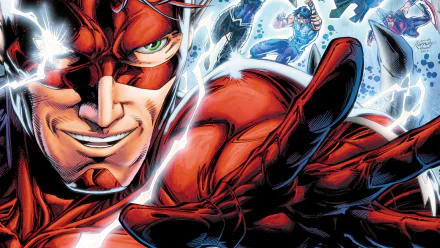 HD PC desktop wallpaper featuring a dynamic close-up of The Flash from the comic Titans, showcasing vibrant colors and intense action with lightning effects.