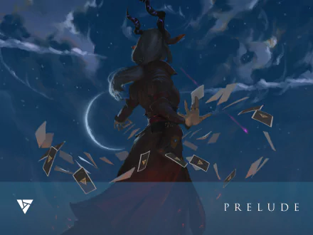 HD desktop wallpaper featuring an artistic rendering of a silhouetted figure surrounded by floating artifacts under a crescent moon.