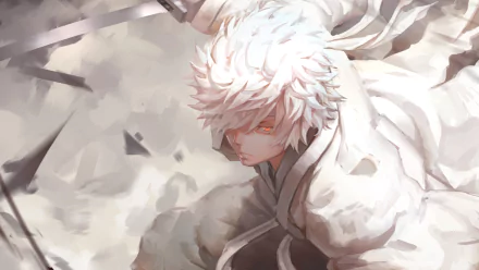 HD anime desktop wallpaper featuring Gintoki Sakata from Gintama with white hair and intense orange eyes against a dynamic, abstract background.