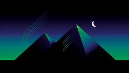 Artistic 4K Ultra HD PC desktop wallpaper and background: stylized neon pyramids at night with teal-violet gradients, diagonal light streaks and a crescent moon.