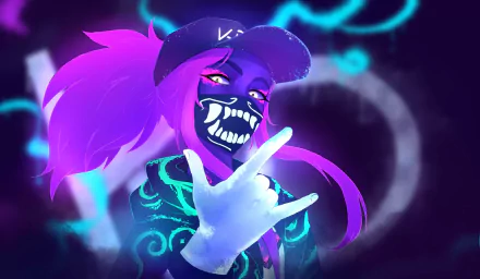 HD PC desktop wallpaper featuring Akali from League of Legends, showcasing her vibrant purple hair and signature glowing mask in a dynamic, neon-lit style.