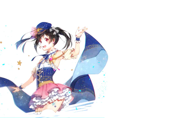 HD PC desktop wallpaper of Nico Yazawa from Love Live! (anime) in a frilly idol outfit, winking and posing with a flowing blue ribbon against a clean white background.