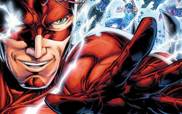 HD PC desktop wallpaper featuring a dynamic close-up of The Flash from the comic Titans, showcasing vibrant colors and intense action with lightning effects.