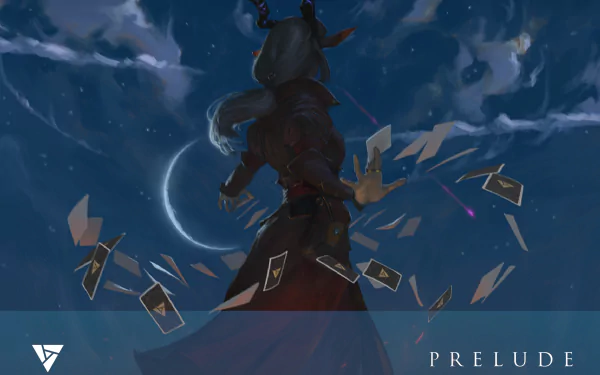 HD desktop wallpaper featuring an artistic rendering of a silhouetted figure surrounded by floating artifacts under a crescent moon.