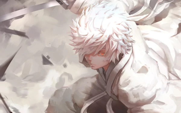 HD anime desktop wallpaper featuring Gintoki Sakata from Gintama with white hair and intense orange eyes against a dynamic, abstract background.