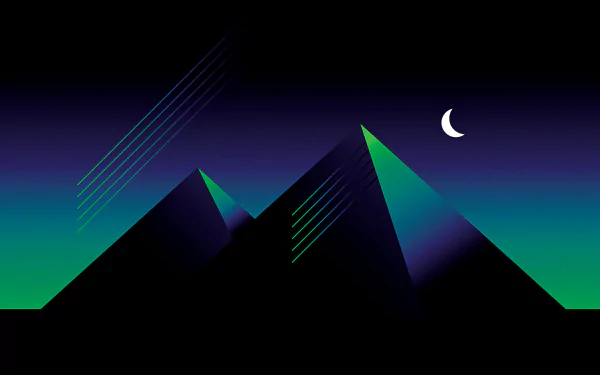 Artistic 4K Ultra HD PC desktop wallpaper and background: stylized neon pyramids at night with teal-violet gradients, diagonal light streaks and a crescent moon.