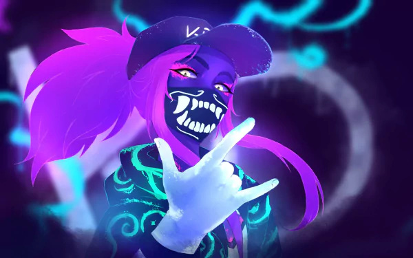 HD PC desktop wallpaper featuring Akali from League of Legends, showcasing her vibrant purple hair and signature glowing mask in a dynamic, neon-lit style.